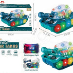 Toy tanks with lights and gears, packaging, and dimensions on a white background