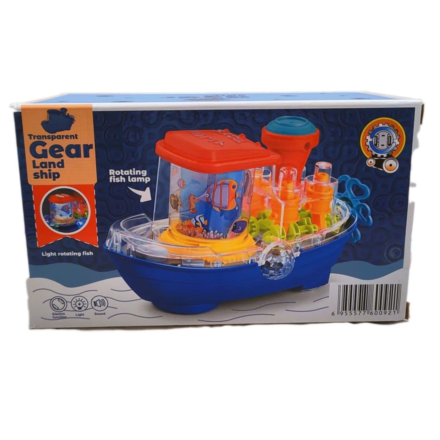 Toy ship with transparent gear design on a blue and orange box