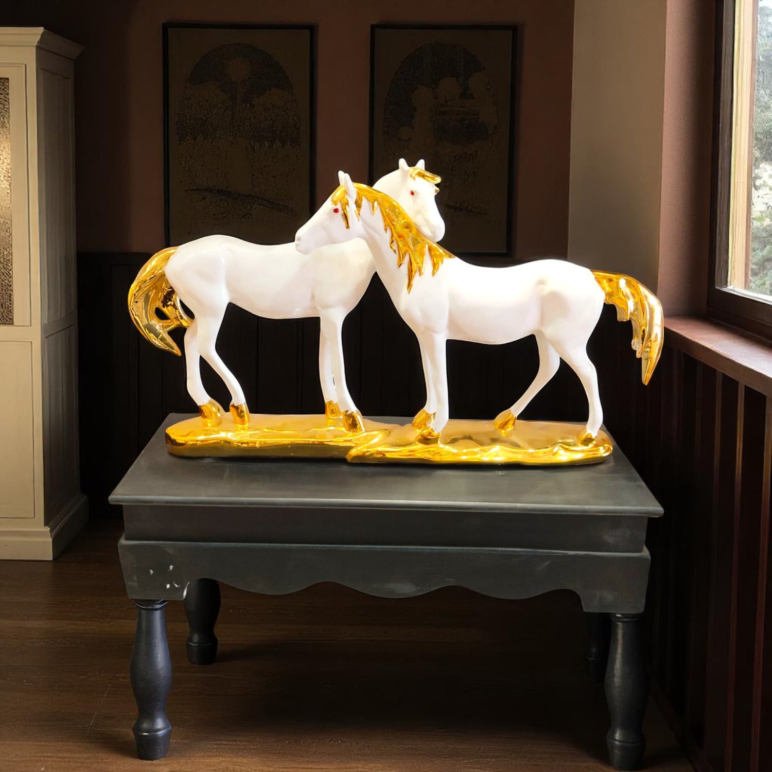 Front view of Twin Harmony White & Golden Horse Showpiece