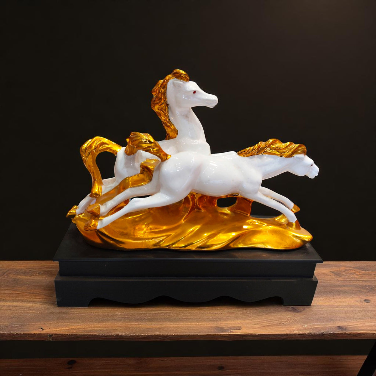 Front view of white and gold twin horses showpiece