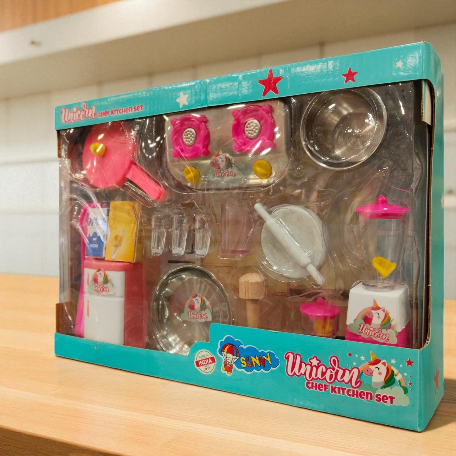 Unicorn Chef Kitchen Set toy package angled front view with pink and silver kitchen accessories