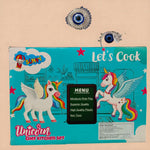 Back side of Unicorn Chef Kitchen Set box with colorful unicorn graphics and product details