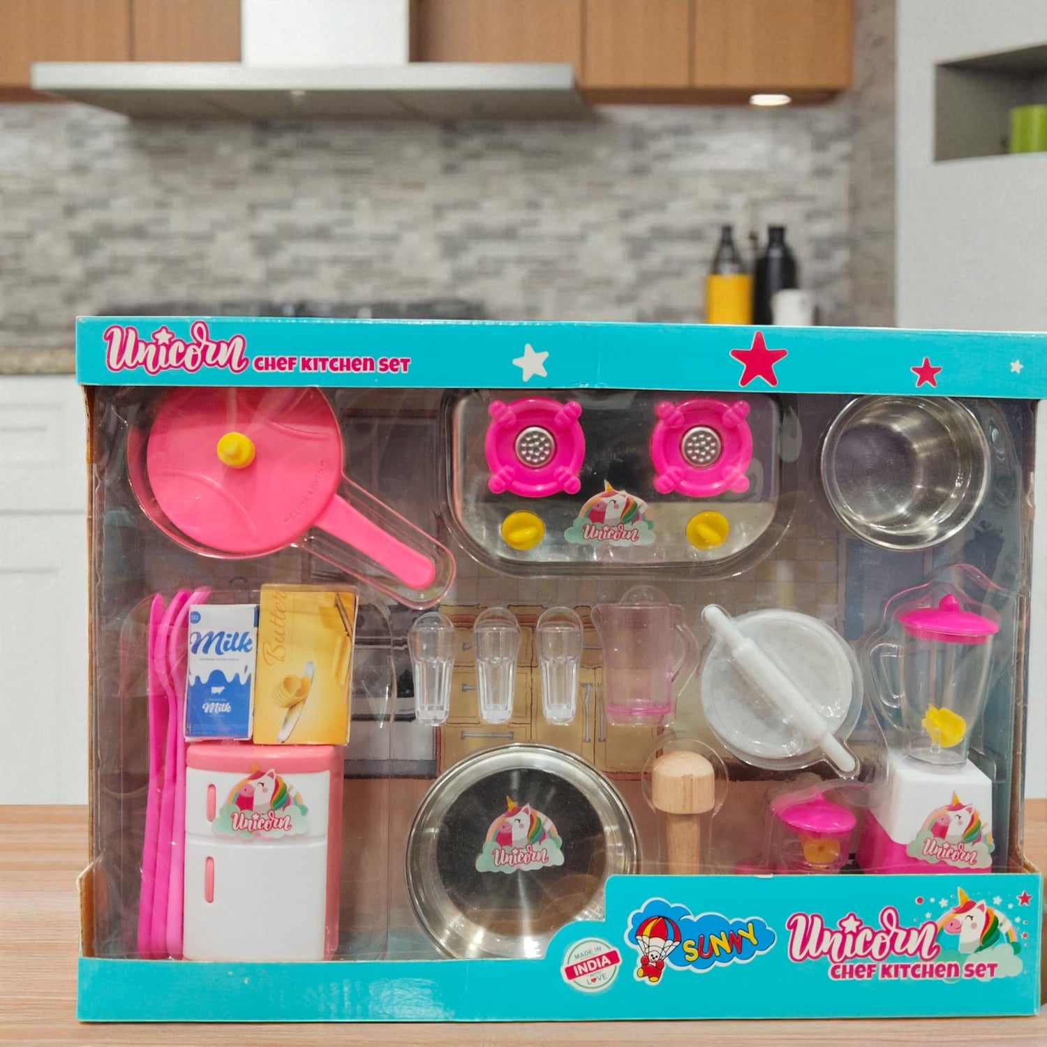 Unicorn Chef Kitchen Set front view showing pink utensils, stove, and cooking accessories from Sunny Toyz