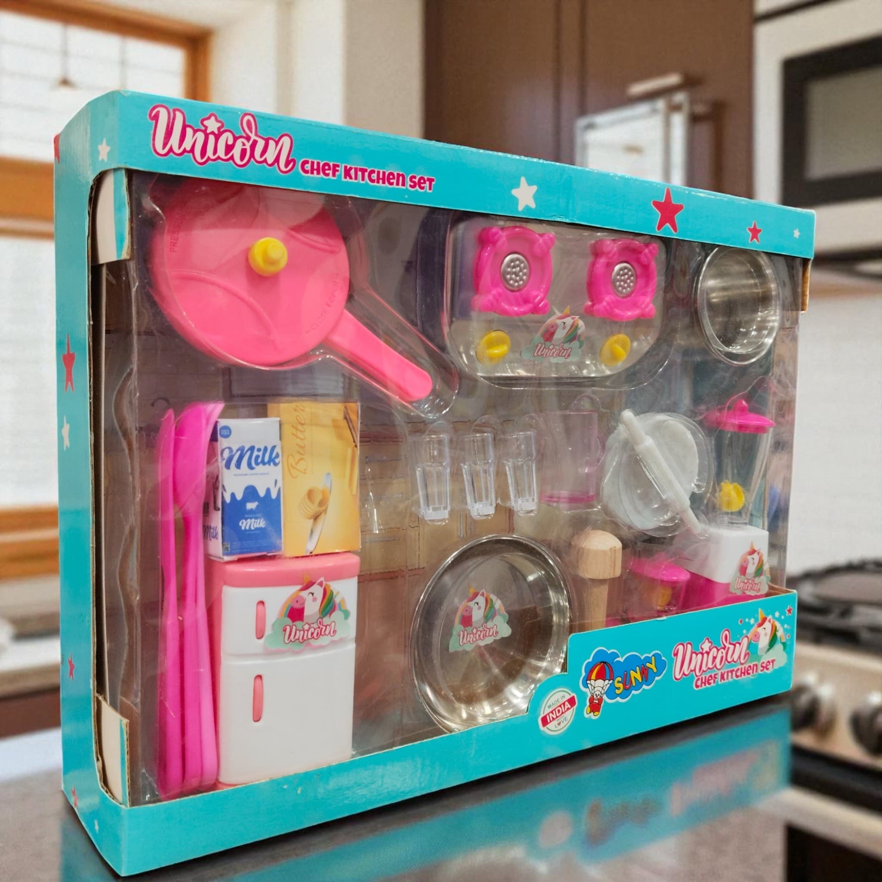 Side angle of Unicorn Chef Kitchen Set toy box displaying all included kitchen accessories
