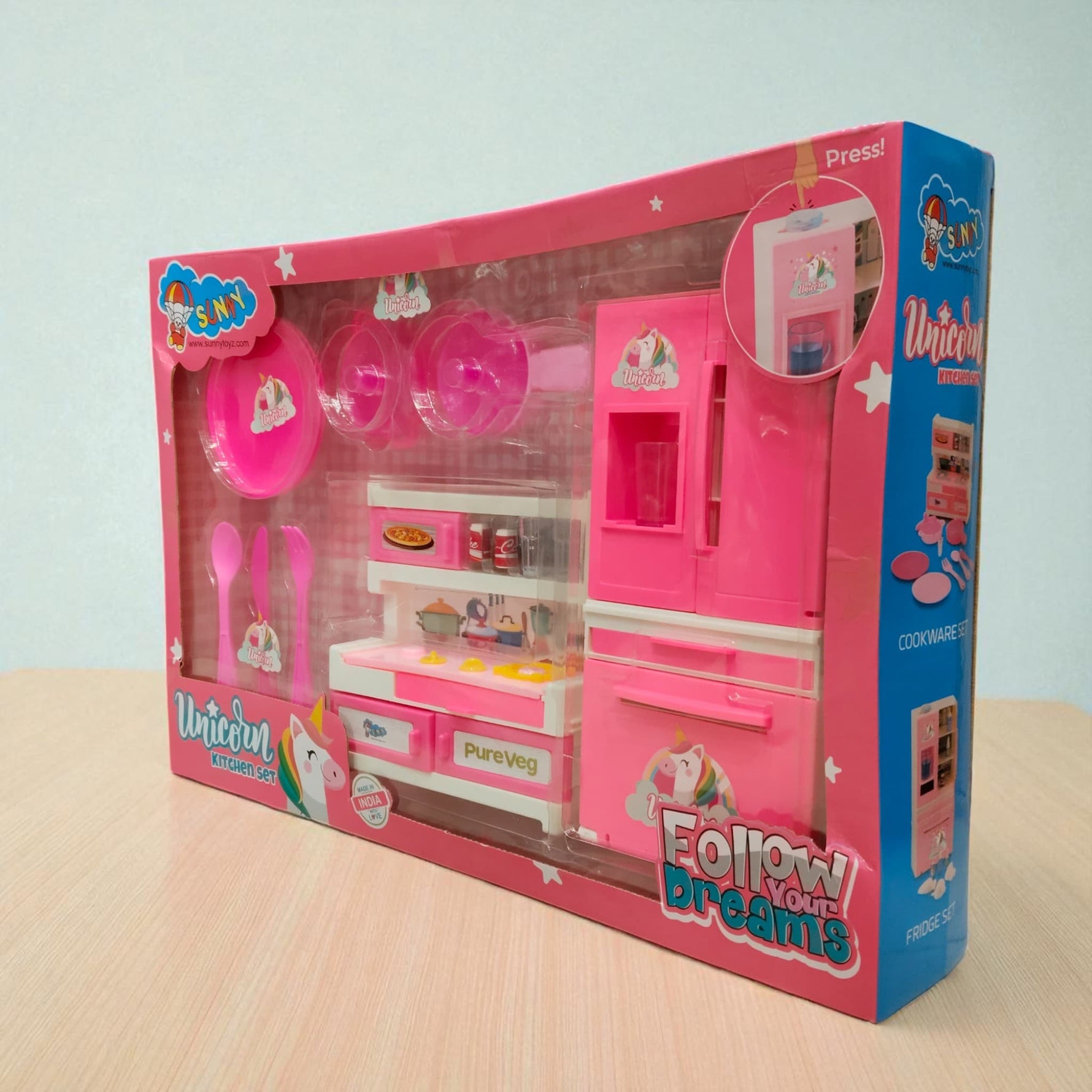 Angled view of Unicorn Kitchen Set toy box highlighting the pink kitchen playset with utensils and colorful labels.