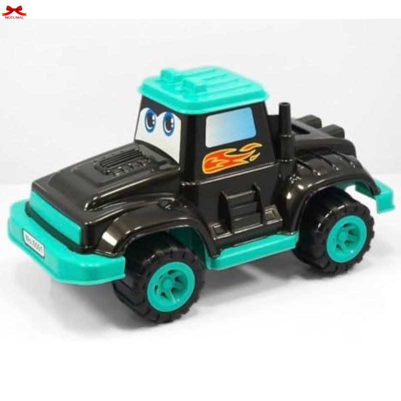 Toy truck with a black and teal design on a white background