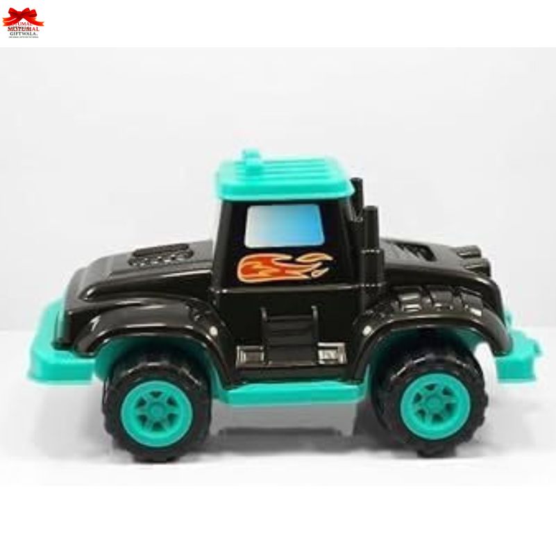 Toy truck with black body and teal wheels on a white background
