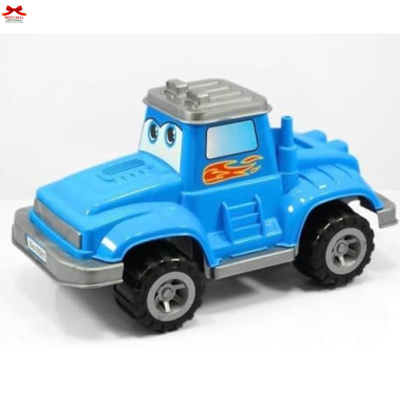 Toy truck with a blue body and gray roof on a white background