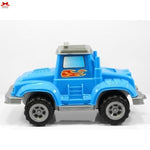 Blue toy truck with flame design on a white background