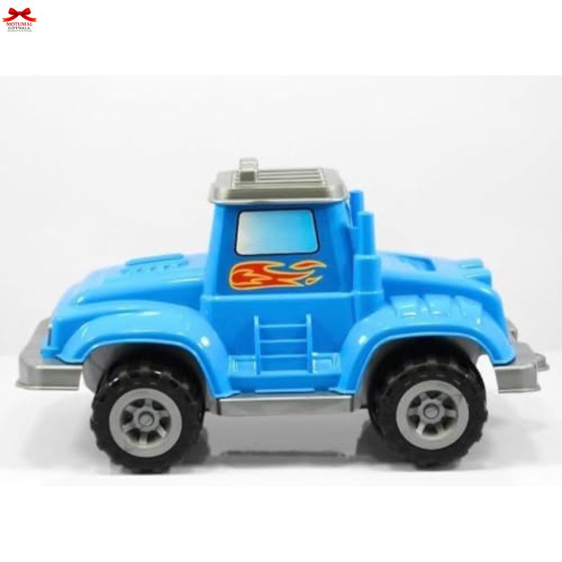 Blue toy truck with flame design on a white background