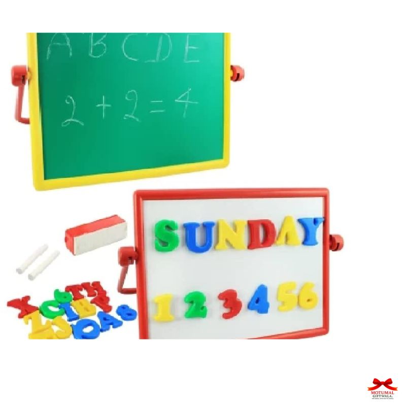 Set of colorful magnetic letters and numbers on a white board with a green chalkboard, featuring the word 'SUNDAY' and basic arithmetic.