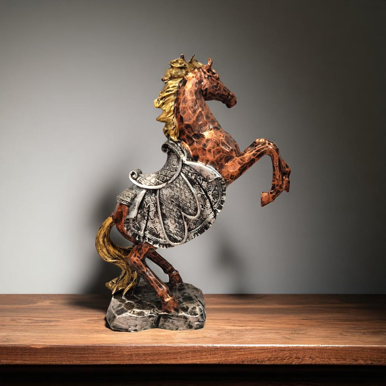 Angle shot of majestic horse statue in battle-ready pose