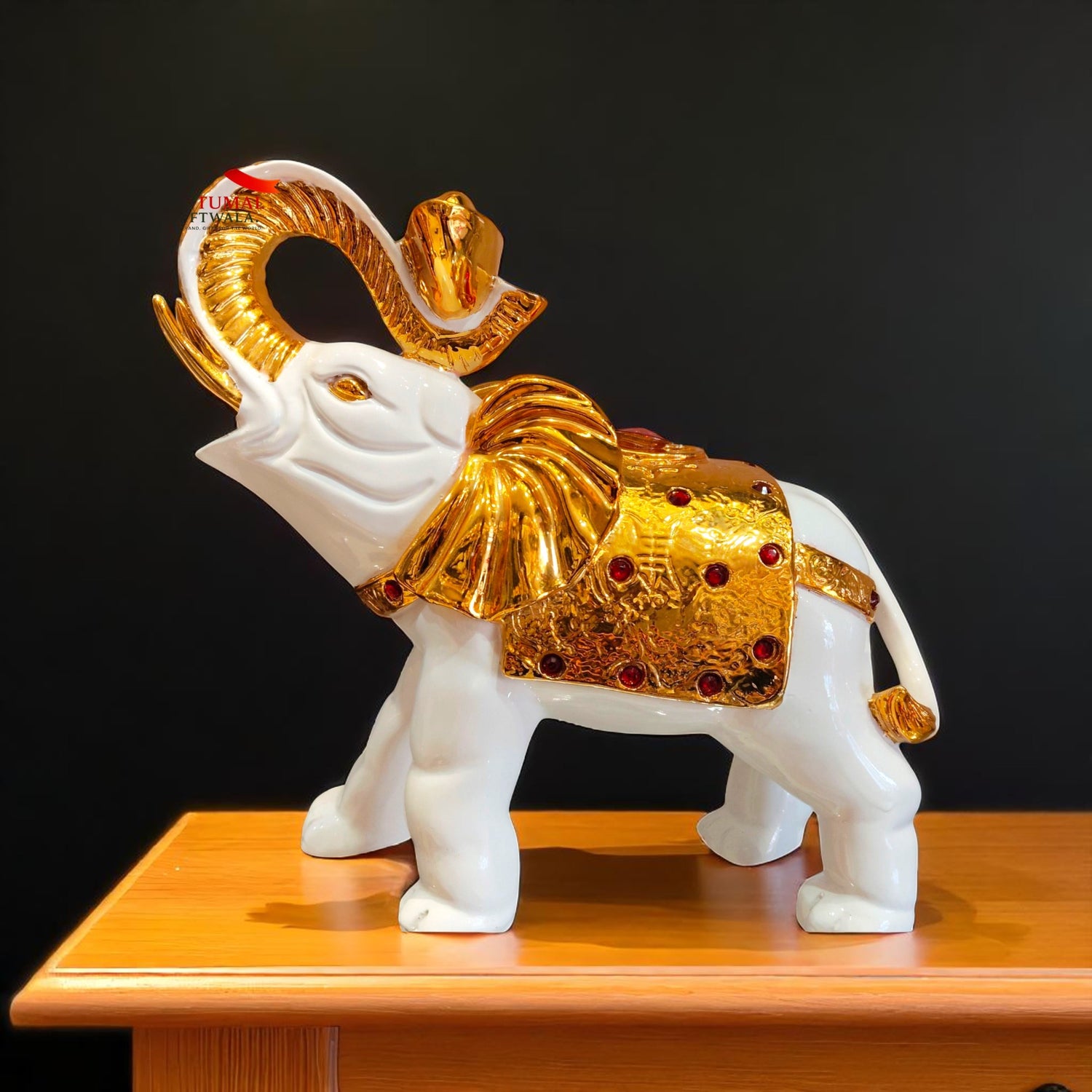 Front View of White and Golden Elephant Showpiece for Home – Motumal Giftwala