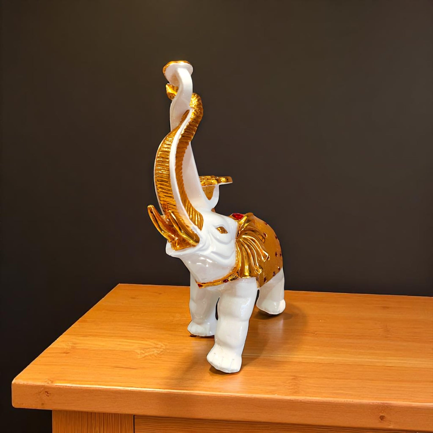 Side Angle of Royal White Elephant Decor with Golden Accents – Motumal Giftwala