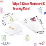 Wipe & Clean Flashcard & Tracing Card set with dimensions and letters displayed.