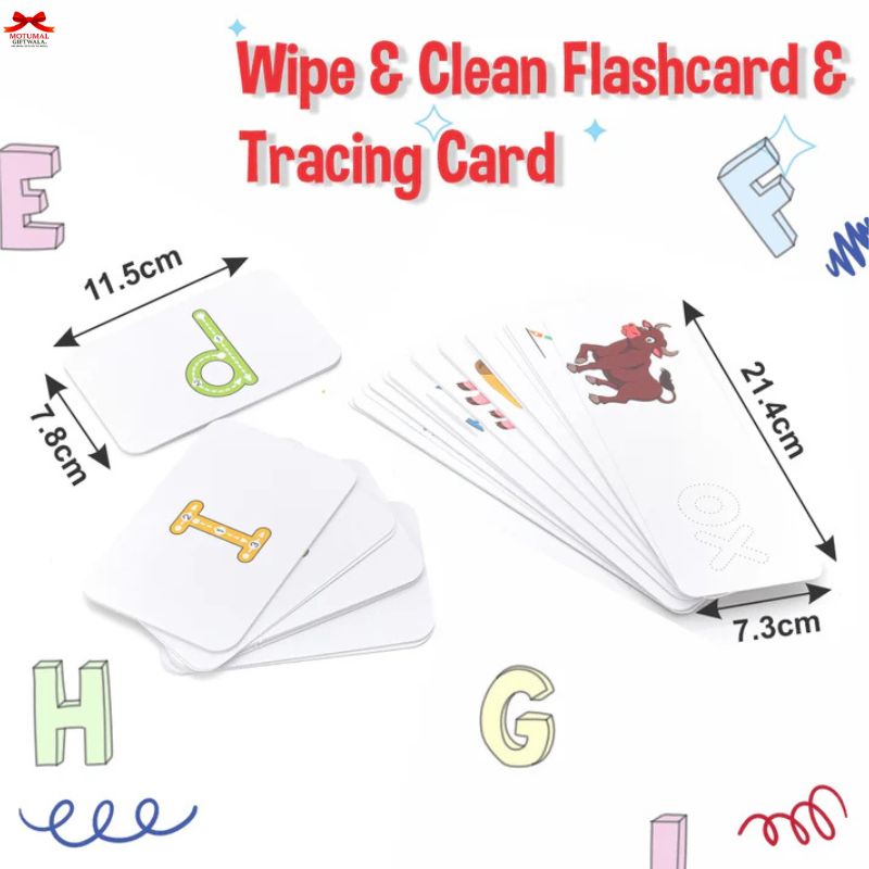 Wipe & Clean Flashcard & Tracing Card set with dimensions and letters displayed.