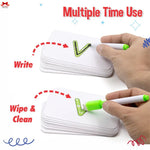 Reusable white labels with green markers for writing and cleaning on a white background