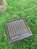 Flat lay photo of wooden 1 lakh saving target box on green lawn, motivational saving tool