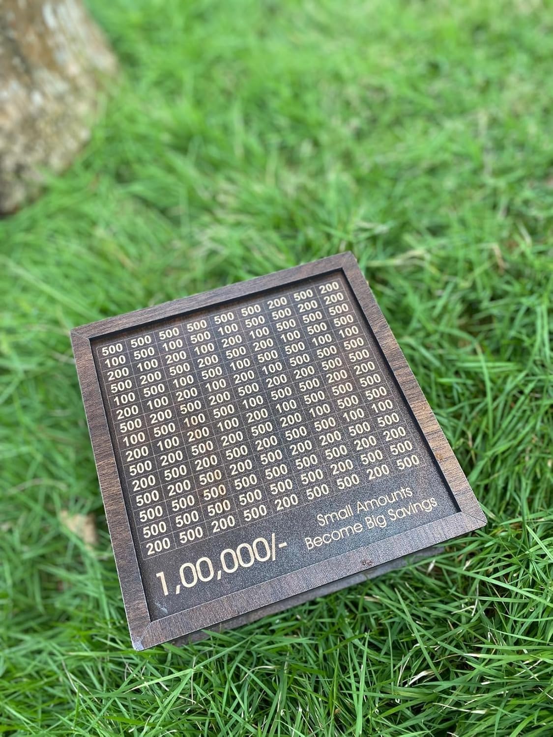 Flat lay photo of wooden 1 lakh saving target box on green lawn, motivational saving tool