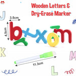 Colorful wooden letters and a dry-erase marker on a white background