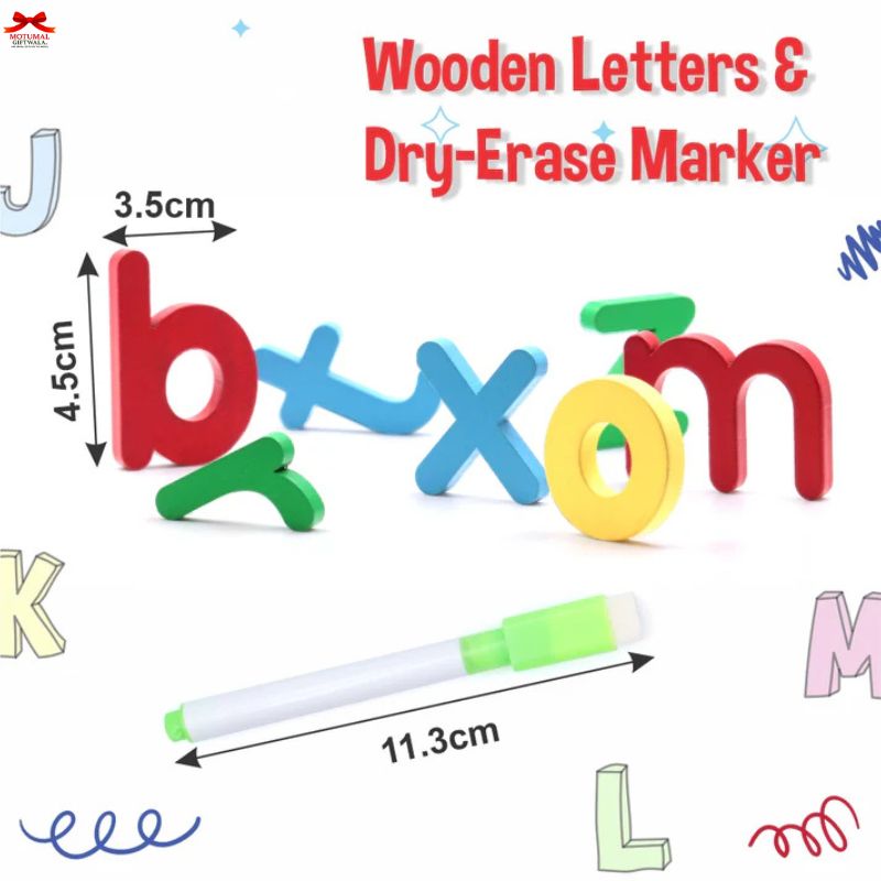 Colorful wooden letters and a dry-erase marker on a white background