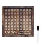 Wooden 1 lakh savings challenge piggy bank with whiteboard marker for marking savings milestones