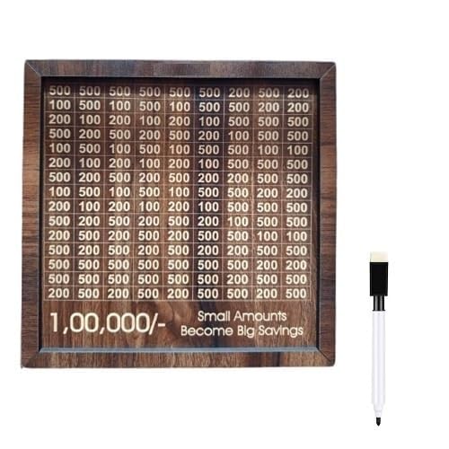 Wooden 1 lakh savings challenge piggy bank with whiteboard marker for marking savings milestones