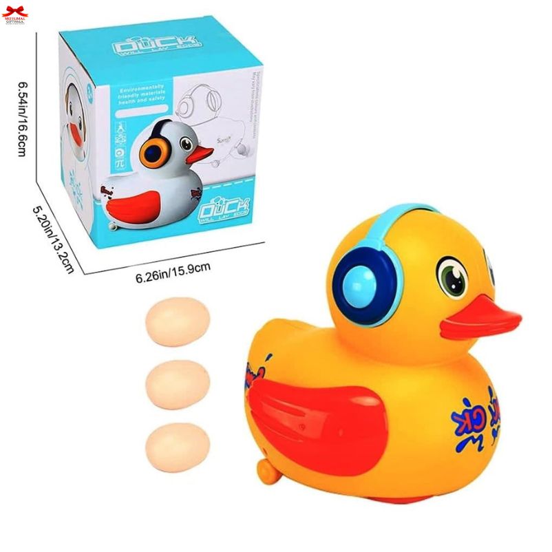 Yellow rubber duck with blue eyes and red beak, next to its packaging and eggs on a white background