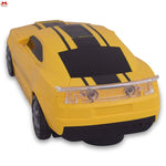 Yellow toy car with black stripes on a white background