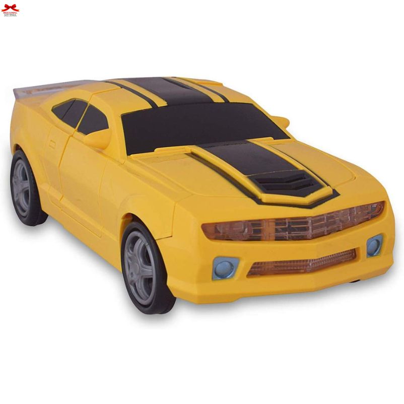 Yellow toy car with black stripes on a white background