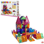 Colorful magnetic building blocks set with a castle-like structure and packaging in the background.