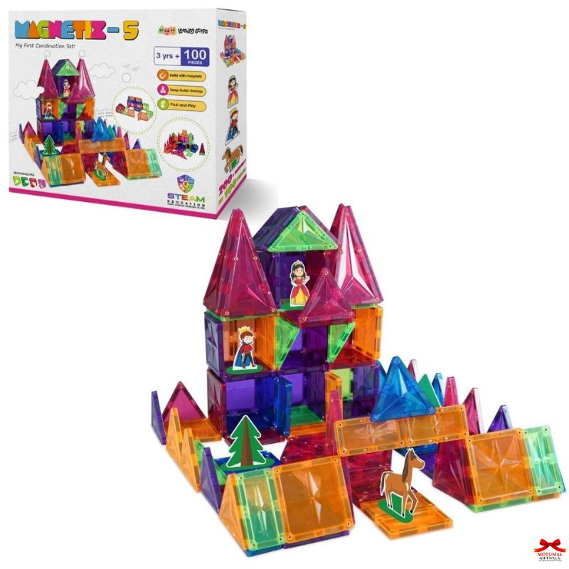 Colorful magnetic building blocks set with a castle-like structure and packaging in the background.