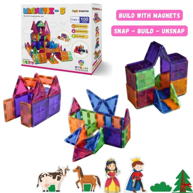 Colorful magnetic building blocks with packaging and small figures on a white background