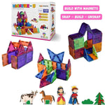 Colorful magnetic building blocks with packaging and small figures on a white background