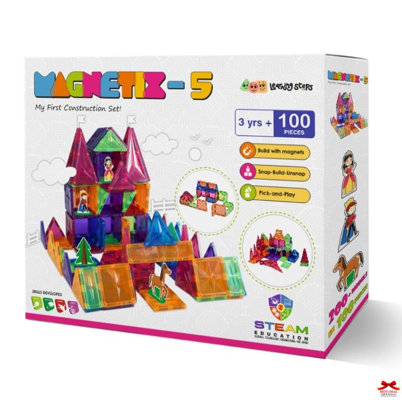 Box of Magnetic Construction Set with colorful magnetic blocks on a white background