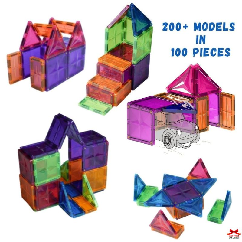 Colorful magnetic building blocks set with transparent pieces on a white background