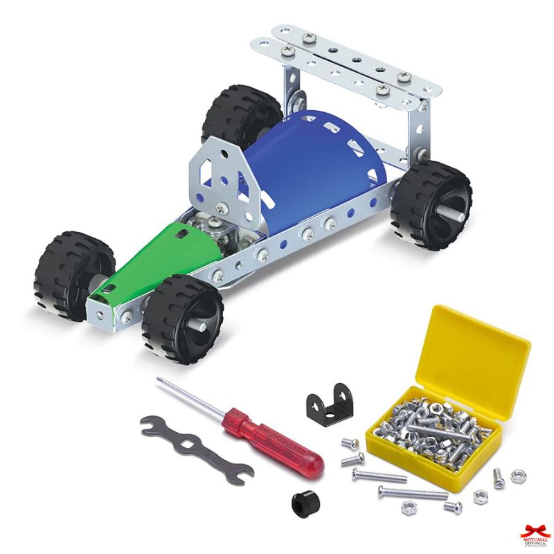 Robotics kit with chassis, wheels, tools, and screws on a white background