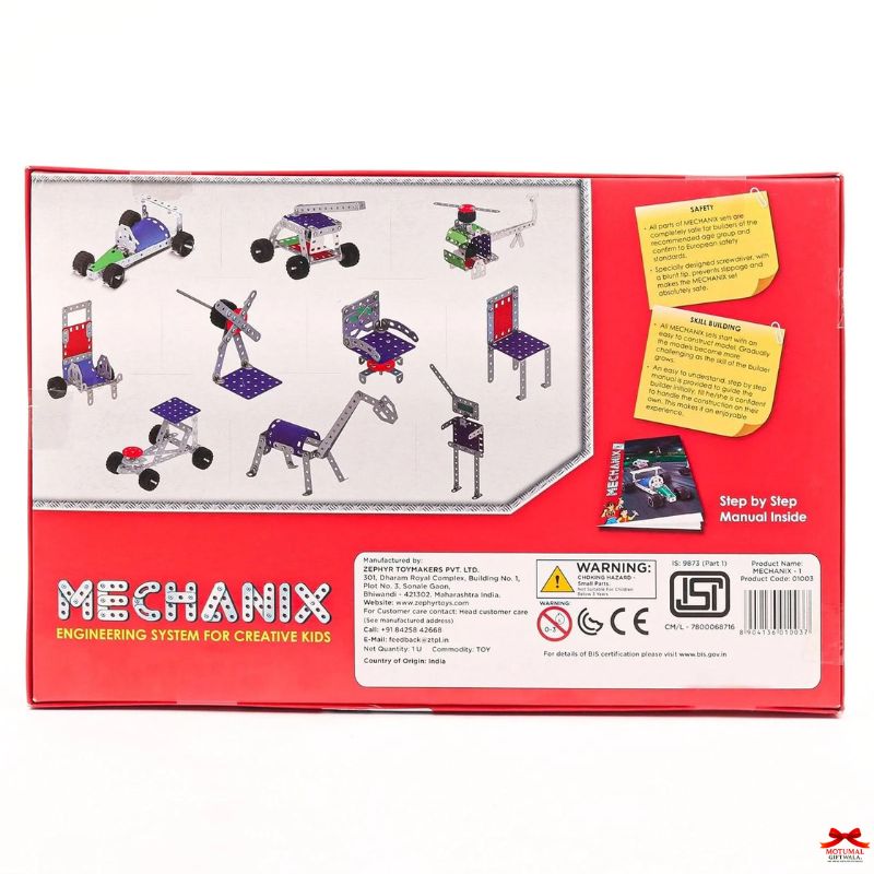 Box of MECHANIX engineering system for creative kids with illustrations and text.