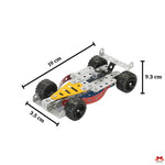 Toy car chassis with measurement indicators on a white background