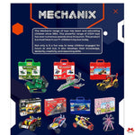 Mechanix toy packaging with various toys displayed on a blue background