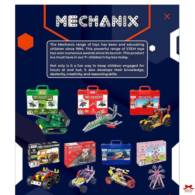 Mechanix toy packaging with various toys displayed on a blue background
