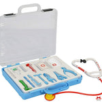 Children's toy medical kit with tools and stethoscope in a blue case on a white background