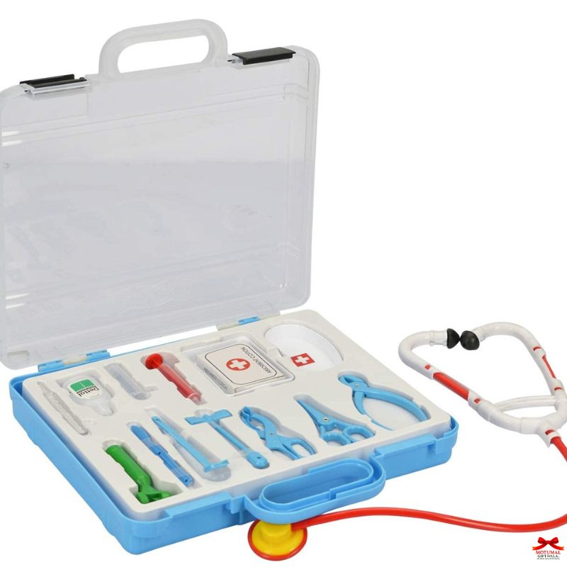 Children's toy medical kit with tools and stethoscope in a blue case on a white background