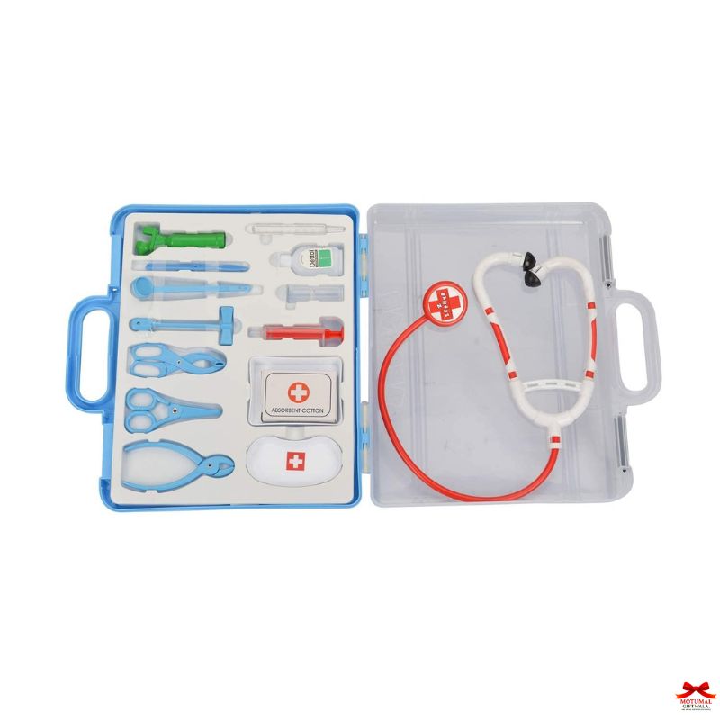 Medical toy set with stethoscope, syringes, and other tools in open cases on a white background.