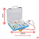 Medical toy set with stethoscope and tools in a blue case, shown with dimensions on a white background.