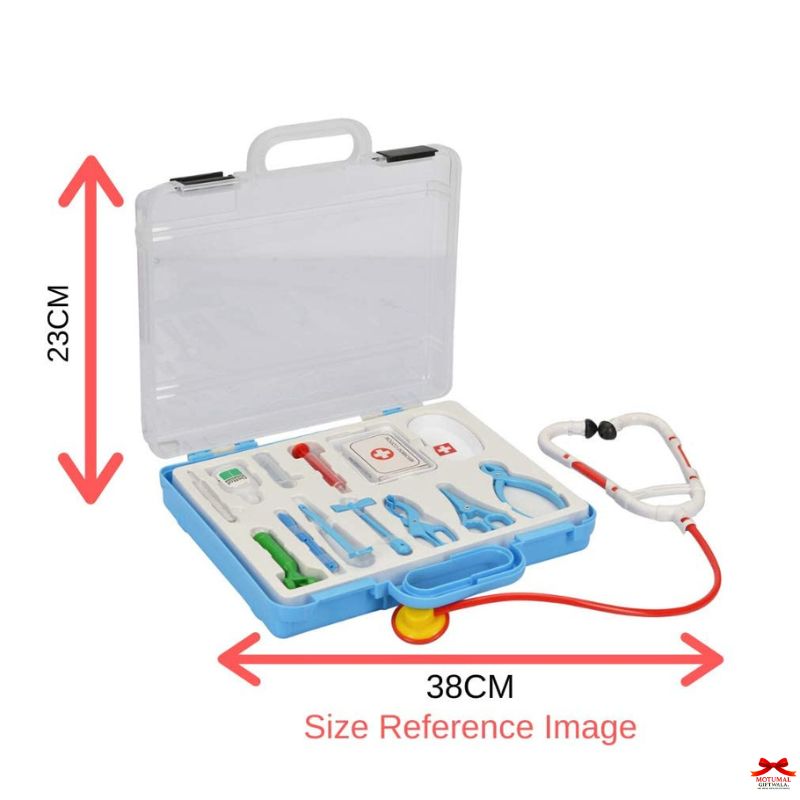 Medical toy set with stethoscope and tools in a blue case, shown with dimensions on a white background.