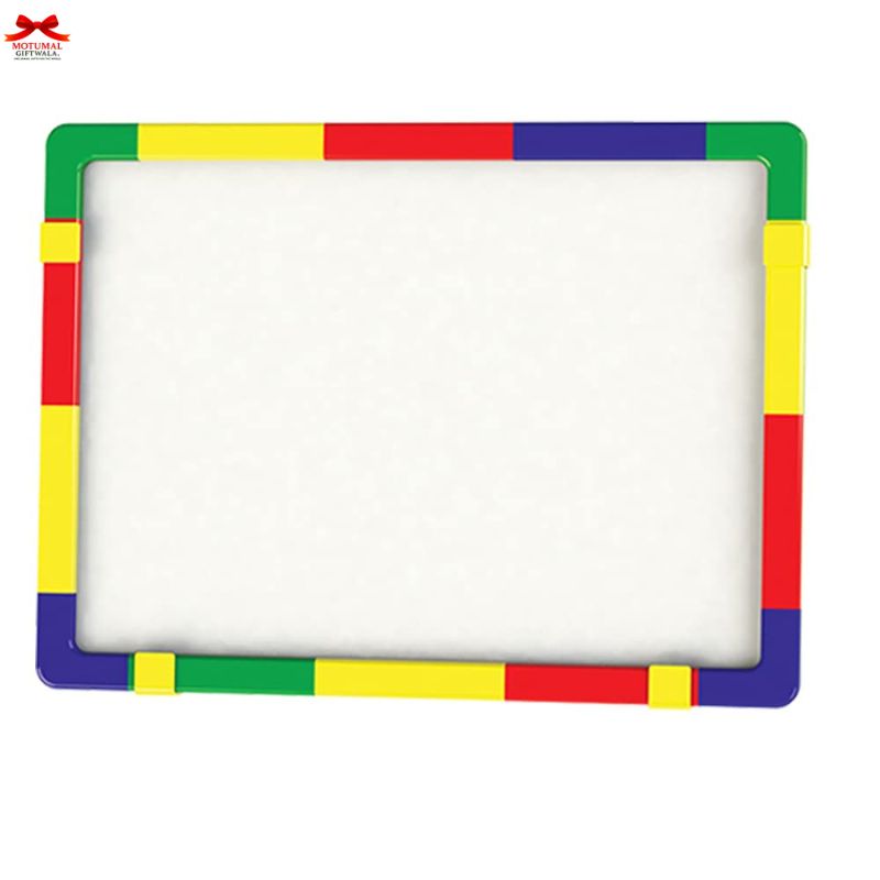 White board with colorful border on a white background